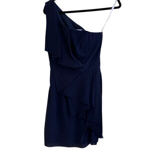 Shoshanna Navy Blue One Shoulder Drape Detail Silk Cocktail Dress 4